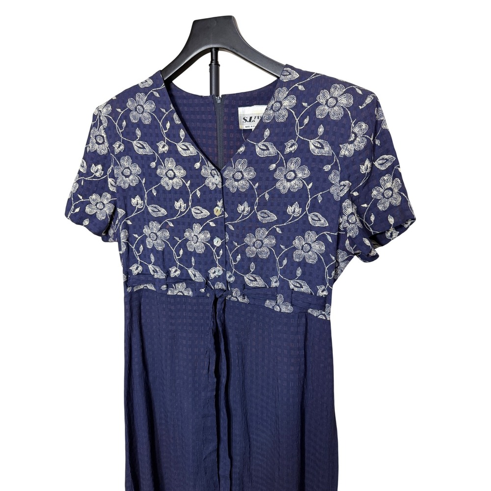 Vintage SL Fashions Navy Blue Floral Embroidered Empire Waist Maxi Dress 10 USA - Picture 2 of 7